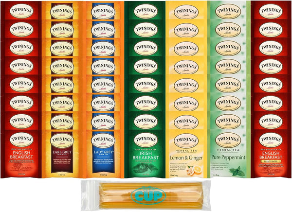 Best of Twinings, 56 Count, 7 Flavor Caffeinated and Decaffeinated Herbal & Black Tea Bag Variety with By The Cup Honey Sticks