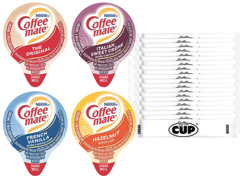 Coffee mate Liquid .375oz Variety Pack (4 Flavor) 100 Count includes Original, French Vanilla, Hazelnut, Italian Sweet Crème & By The Cup Sugar Packets