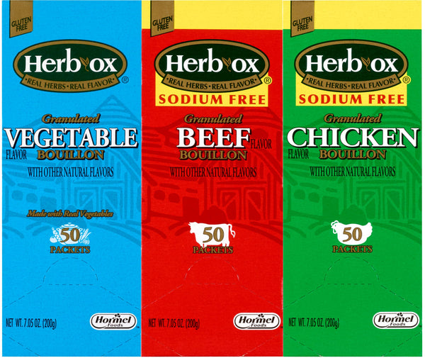 Herb-Ox Granulated Flavor Bouillon Variety, Full-Sodium Vegetable, Chicken Sodium-Free and Beef Sodium-Free (Pack of 3) with By The Cup Swivel Measuring Spoon