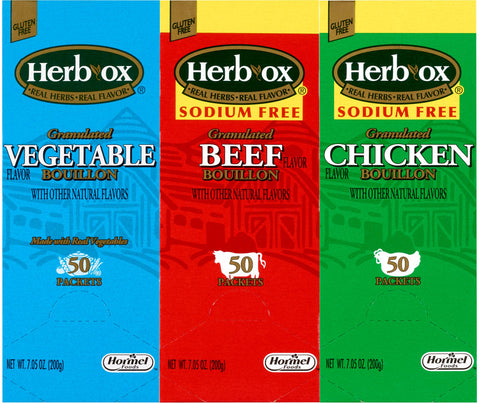 Herb-Ox Granulated Flavor Bouillon Variety, Full-Sodium Vegetable, Chicken Sodium-Free and Beef Sodium-Free (Pack of 3) with By The Cup Swivel Measuring Spoon