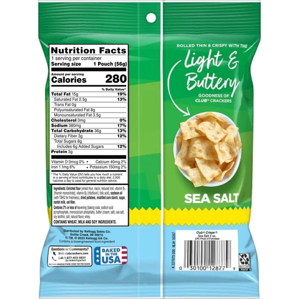 Kellogg's Club Crisps Sea Salt, 2 oz (Pack of 6) with By The Cup Bag Clip