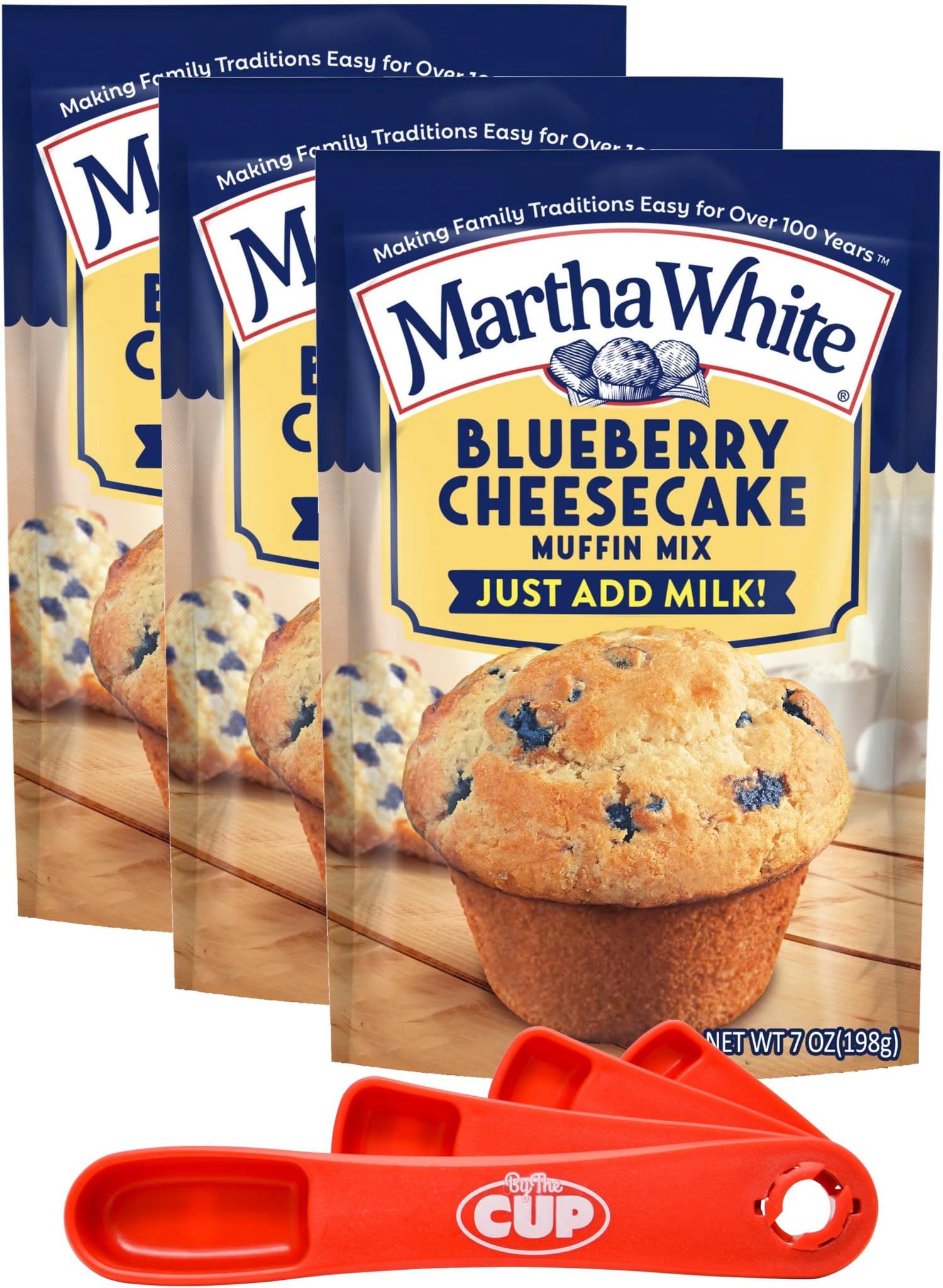 Martha White Blueberry Cheesecake Muffin Mix, 7 oz (Pack of 3) with By The Cup Swivel Spoons