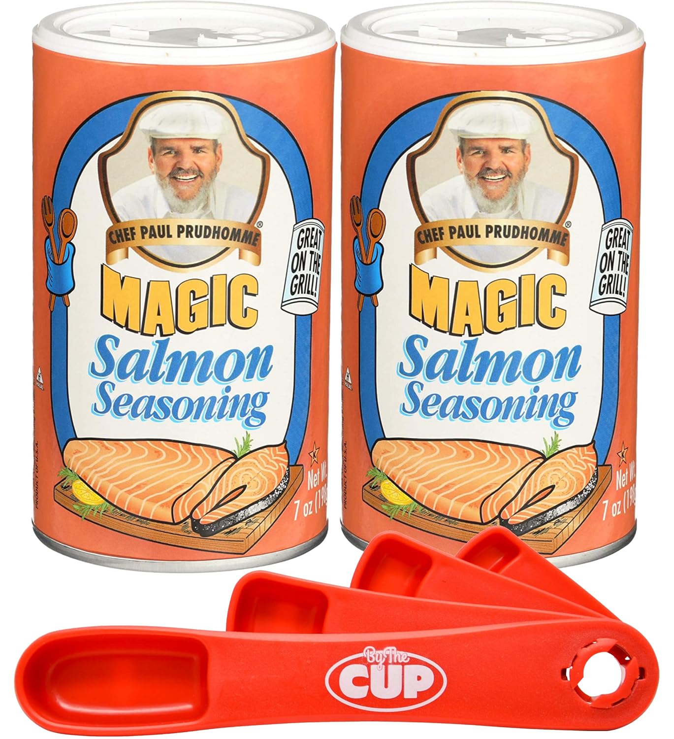 Chef Paul Prudhomme's Magic Salmon Seasoning, 7 oz Cans (Pack of 2) with By The Cup Swivel Spoon