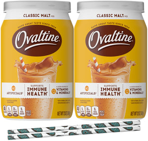 Ovaltine Classic Malt Powdered Drink Mix, 12 oz (Pack of 2) with By The Cup Paper Straws