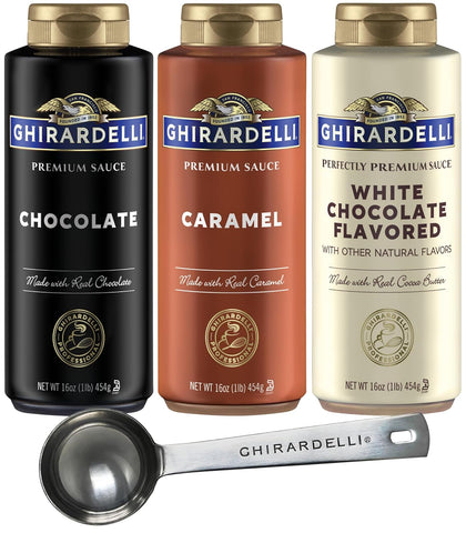 Ghirardelli Chocolate Sauce, White Chocolate Flavored Sauce, Caramel Sauce 16 oz Squeeze Bottles (Pack of 3) with Ghirardelli Stamped Barista Spoon