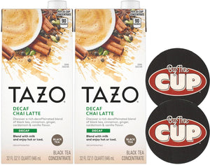 TAZO Decaffeinated Chai Latte Black Tea Concentrate (Pack of 2), 32 oz with By The Cup Coasters