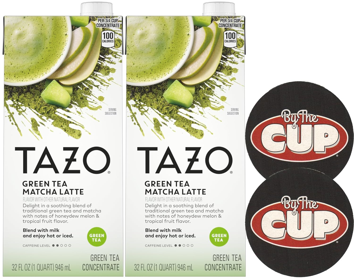 TAZO Green Tea Matcha Latte Concentrate, 32 oz (Pack of 2) with By The Cup Coasters