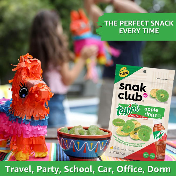 Snak Club Tajin Gummy Rings Variety, 1 of each Flavor: Mango, Watermelon, Apple, Peach, 5 oz Bag (Pack of 4) with By The Cup Stickers