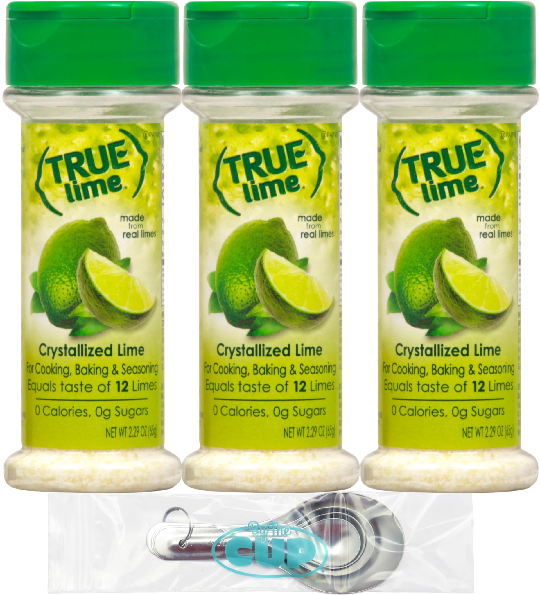 True Lime crystallized Lime Shaker, 2.29 oz (Pack of 3) with By The Cup Stainless Steel Measuring Spoons