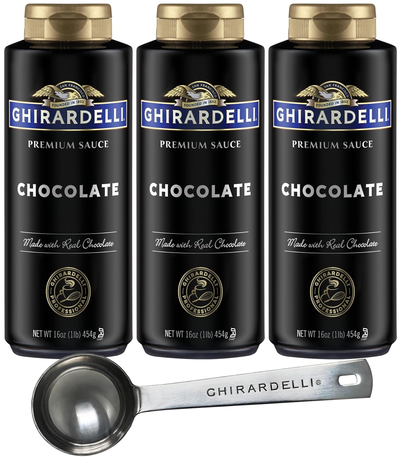 Ghirardelli Chocolate Sauce, 16 Ounce Squeeze Bottle (Pack of 3) with Ghirardelli Stamped Barista Spoon