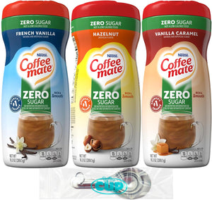 Coffee mate Zero Sugar Powder Coffee Creamer Variety, French Vanilla, Vanilla Caramel and Hazelnut with By The Cup Stainless Steel Measuring Spoons