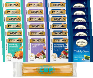 Twinings Relax and Unwind Herbal Tea Bag Sampler (Pack of 24) with By The Cup Honey Sticks