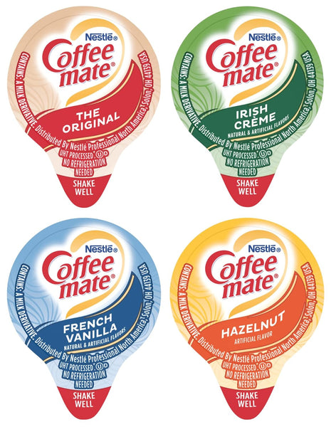 Coffee mate Liquid .375oz Variety Pack (4 Flavor) 100 Count includes Original, French Vanilla, Hazelnut, Irish Creme & By The Cup Sugar Packets