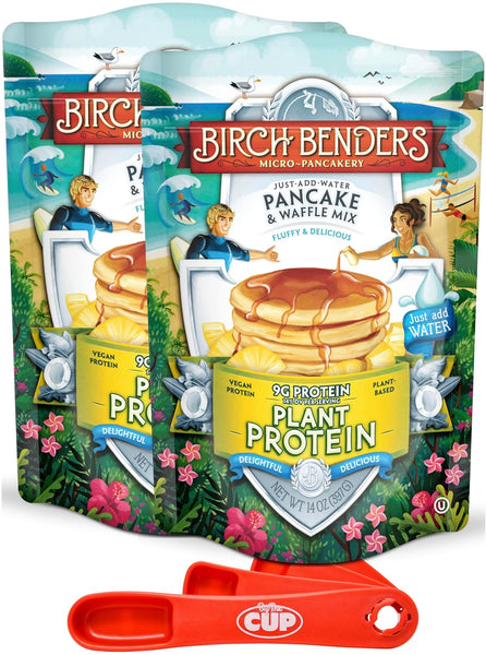 Birch Benders Plant Protein Pancake and Waffles Mix, 14oz (Pack of 2) with By The Cup Swivel Spoons