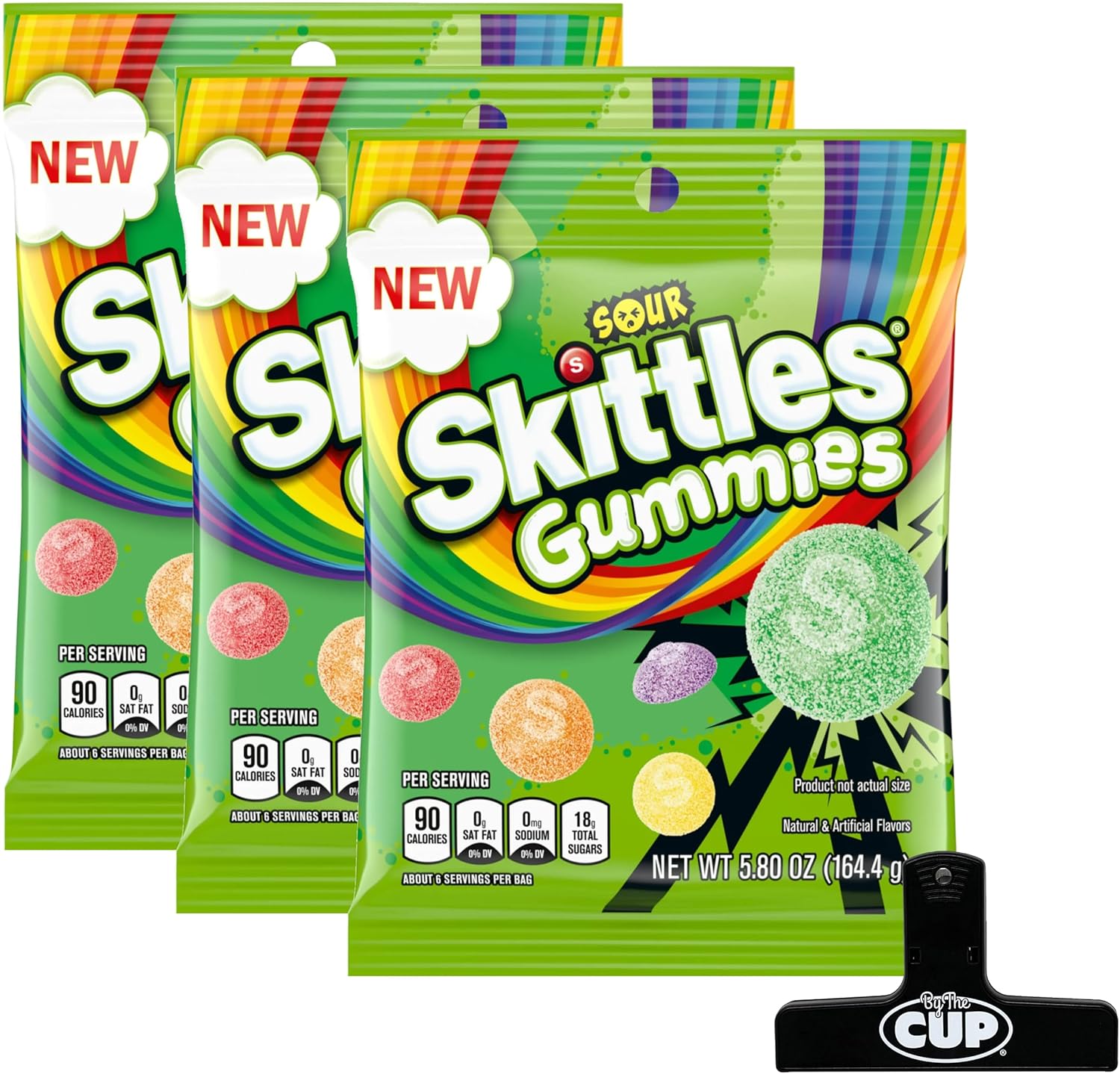 Skittles Sour Gummies Peg Bags, 5.8 Ounce (Pack of 3) with By The Cup Bag Clip