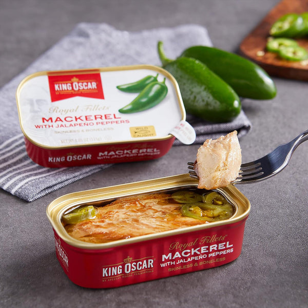 King Oscar Skinless & Boneless Mackerel Fillets with Jalapeno Peppers (Pack of 6) with By The Cup Toothpicks