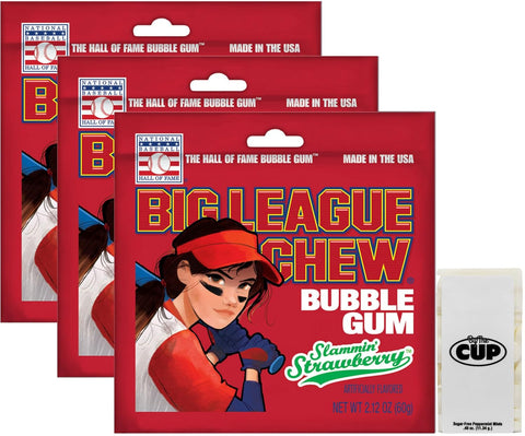 Big League Chew Slammin' Strawberry Shredded Bubble Gum, 2.12 oz (Pack of 3) with By The Cup Mints