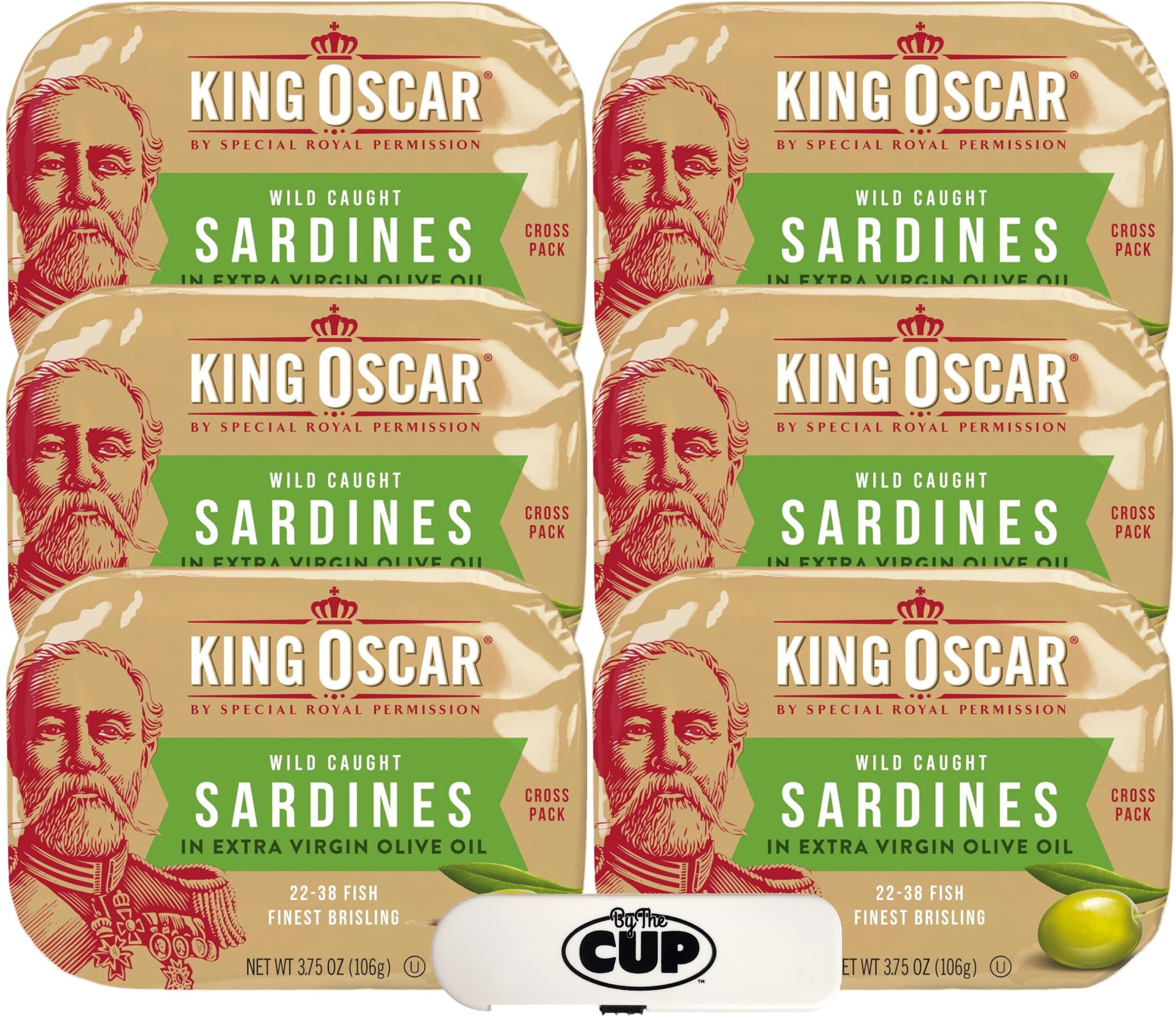 King Oscar Wild Caught Sardines Cross Pack In Extra Virgin Olive Oil, 3.75 oz (Pack of 6) with By The Cup Toothpicks