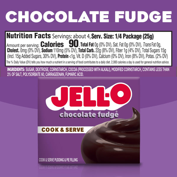 Jell-O Chocolate Fudge Cook & Serve Pudding Mix, 3.4 oz Box (Pack of 4) with By The Cup Mood Spoons