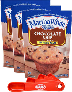 Martha White Chocolate Chip Muffin Mix, 7.4 oz (Pack of 3) with By The Cup Swivel Spoons
