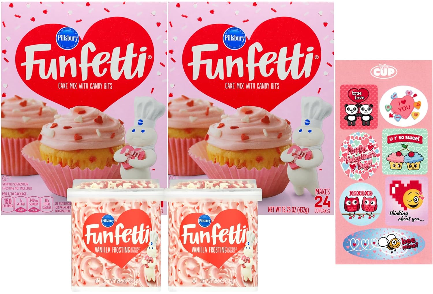 Pillsbury Funfetti Valentine's Day Bundle, 2 of each: Cake Mix, Pink Vanilla Frosting & Valentine Sprinkles with By The Cup Valentine's Stickers