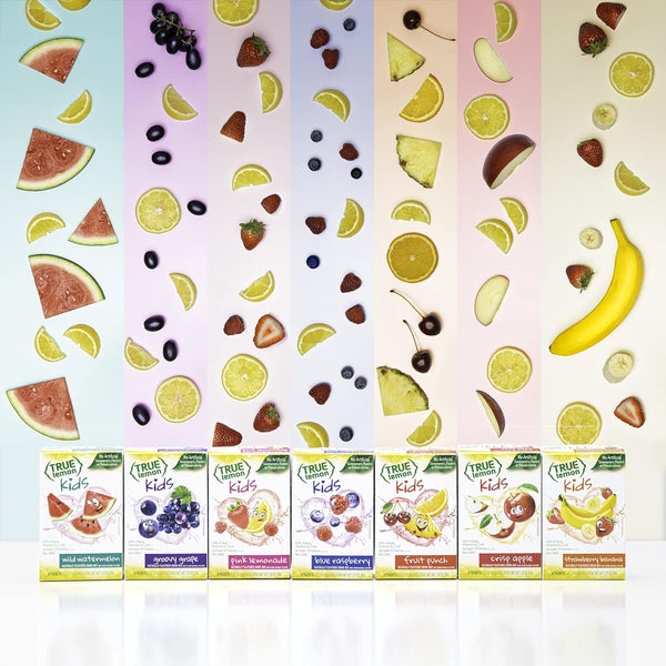 True Lemon Kids Variety, 1 of each Blue Raspberry, Fruit Punch, Pink Lemonade (Pack of 3) with By the Cup Mood Spoons