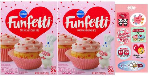 Pillsbury Funfetti Valentine's Day Bundle, Valentine Cake Mix 15.25 oz Box (Pack of 2) with By The Cup Valentine's Stickers