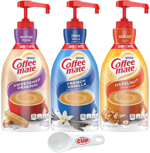 Coffee mate Liquid Concentrate 1.5 Liter Pump Bottles, 3 Flavors Sweetened Original, French Vanilla & Hazelnut (Pack of 3) with By The Cup Coffee Scoop