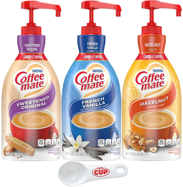 Coffee mate Liquid Concentrate 1.5 Liter Pump Bottles, 3 Flavors Sweetened Original, French Vanilla & Hazelnut (Pack of 3) with By The Cup Coffee Scoop