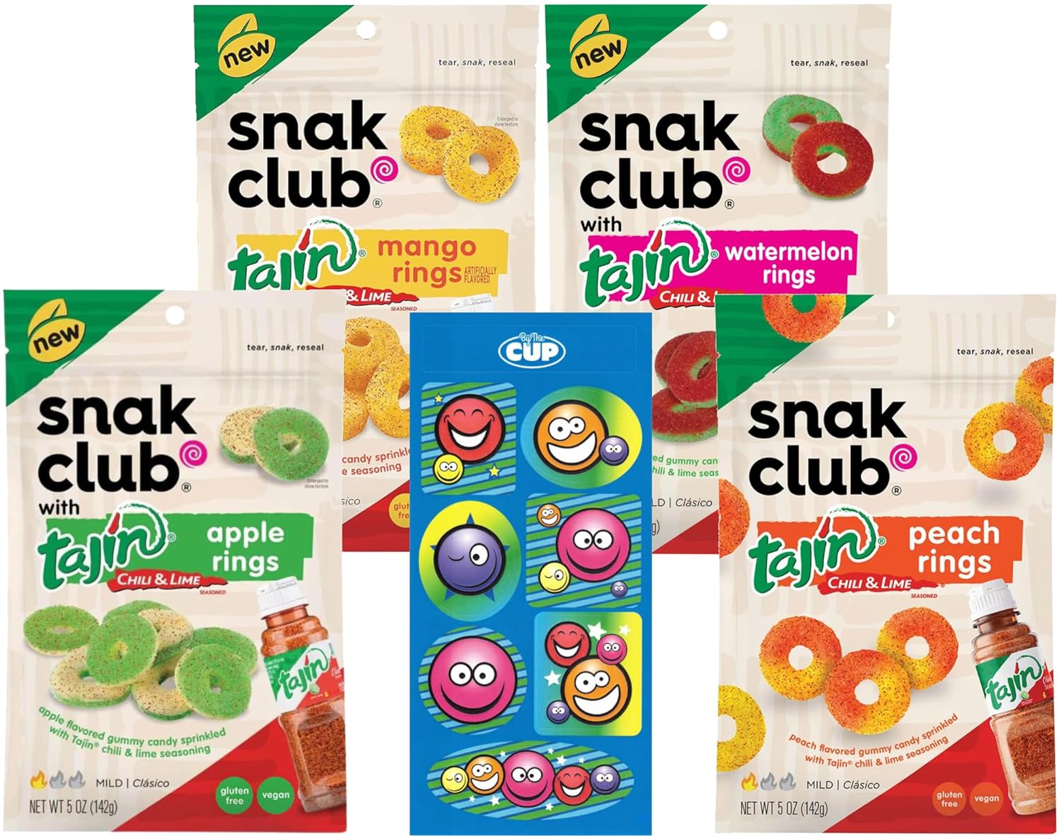 Snak Club Tajin Gummy Rings Variety, 1 of each Flavor: Mango, Watermelon, Apple, Peach, 5 oz Bag (Pack of 4) with By The Cup Stickers