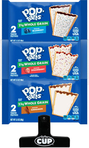 Pop-Tarts Whole Grain Variety, 1 of each: Blueberry, Strawberry, Cinnamon, 3.3 oz (Pack of 3) with By The Cup Bag Clip