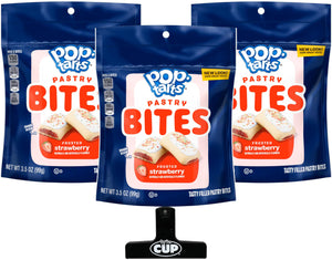 Pop-Tarts Bites Frosted Strawberry, 3.5 oz (Pack of 3) with By The Cup Bag Clip