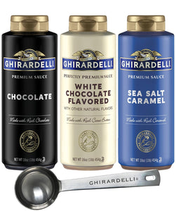 Ghirardelli Sea Salt Caramel, Chocolate and White Chocolate Flavored Sauce, 16 oz Squeeze Bottles (Pack of 3) with Ghirardelli Stamped Barista Spoon