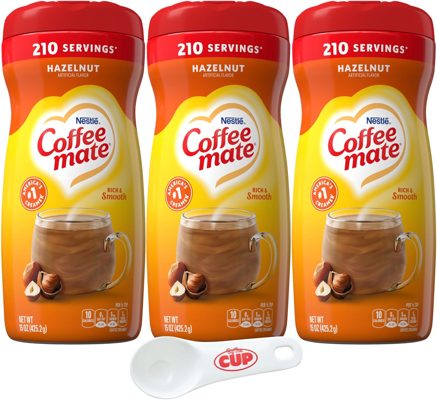 Coffee mate Hazelnut Powdered Creamer, 15 oz (Pack of 3) with By The Cup Coffee Scoop