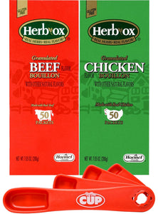 Herb-Ox Bouillon Variety Pack, 50 Count Box (Pack of 2) Granulated Beef and Chicken Bouillon with By The Cup Swivel Spoons