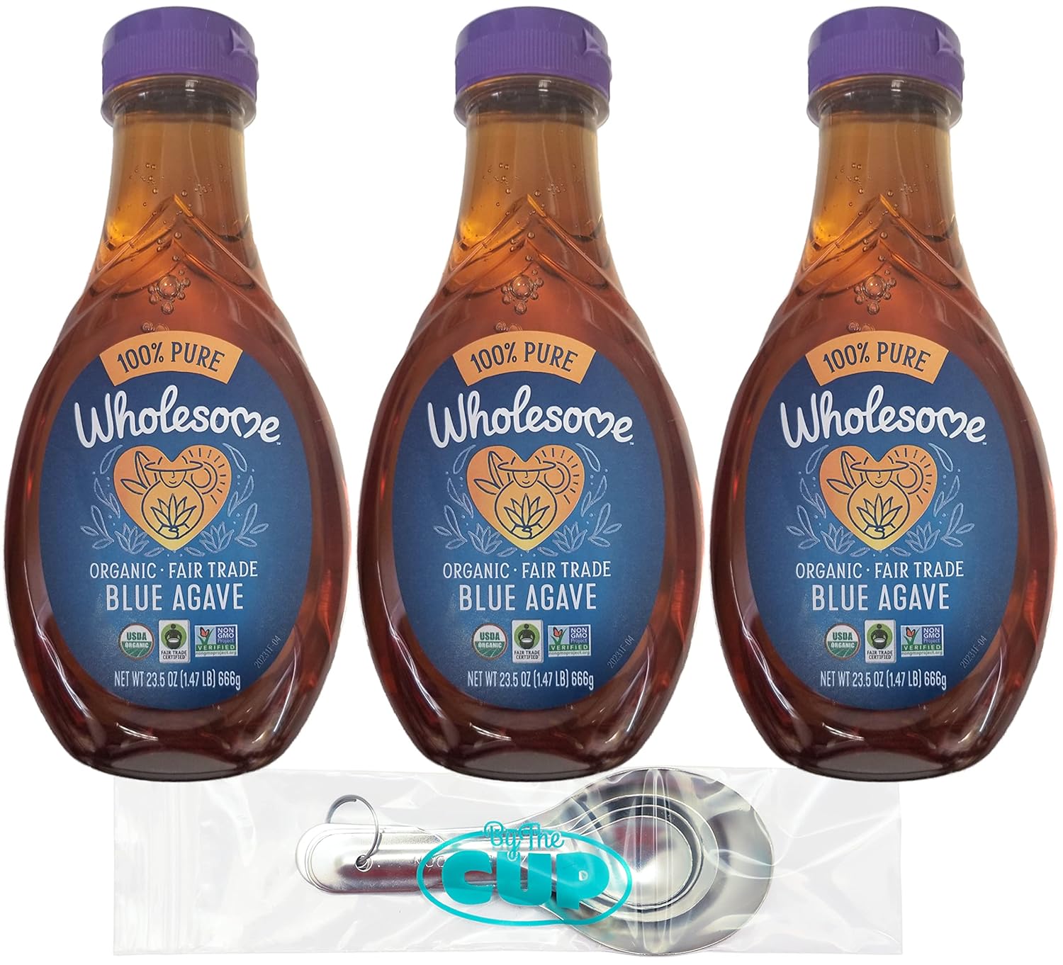 Wholesome Organic Blue Agave Nectar, Syrup, Low Glycemic Sweetener, Gluten Free, Non GMO, 23.5 Fluid Ounce Bottle (Pack of 3) - with By The Cup Measuring Spoons