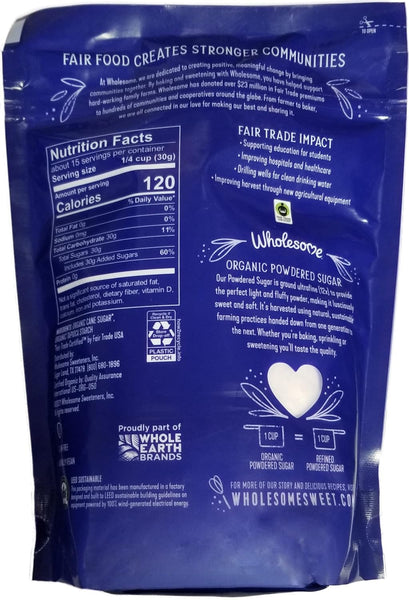 Wholesome Organic Powdered Confectioners Sugar - 16 Ounce Bag (Pack of 3) Non GMO, Gluten Free - with By The Cup Measuring Spoons
