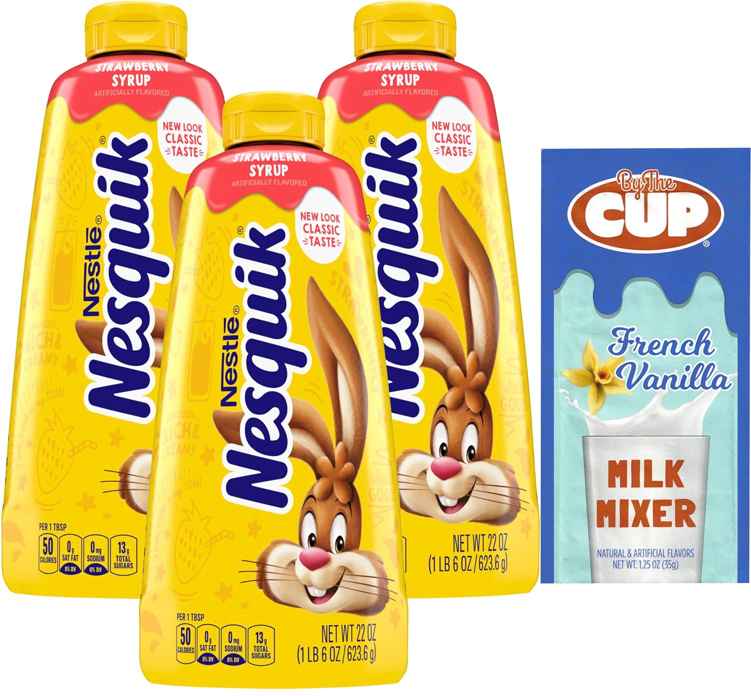Nesquik Strawberry Syrup Bundle, 22 oz Bottle (Pack of 3) with By The Cup Milk Mixer
