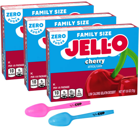 Zero Sugar Cherry Jell-O, 0.6 oz (Pack of 3) with By The Cup Mood Spoons