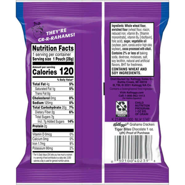 Kellogg's Tiger Bites, Chocolate Graham Crackers, 1 oz (Pack of 30) with Bag Clip