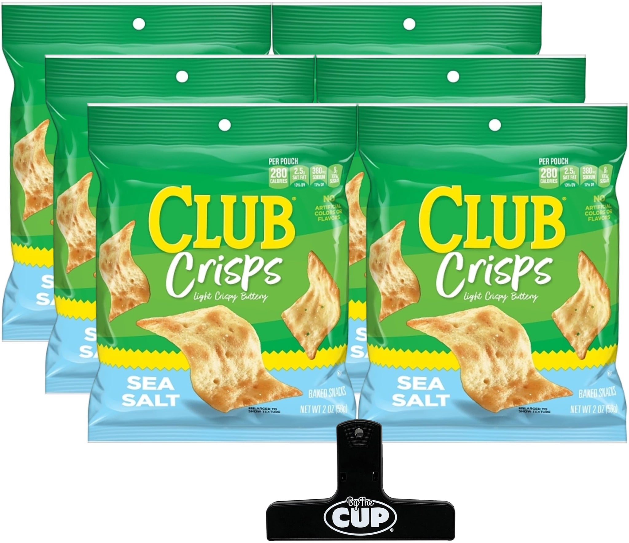 Kellogg's Club Crisps Sea Salt, 2 oz (Pack of 6) with By The Cup Bag Clip