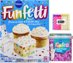 Pillsbury Birthday Bundle: Funfetti Cake Mix and Purple Vanilla Frosting with By The Cup Candles