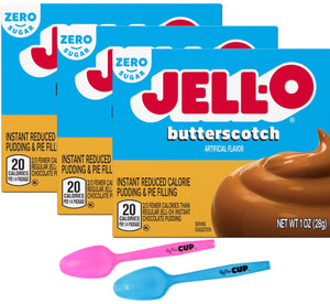 Jell-O Zero Sugar Butterscotch Instant Pudding & Pie Filling Mix, 1 oz Box (Pack of 3) with By The Cup Mood Spoons