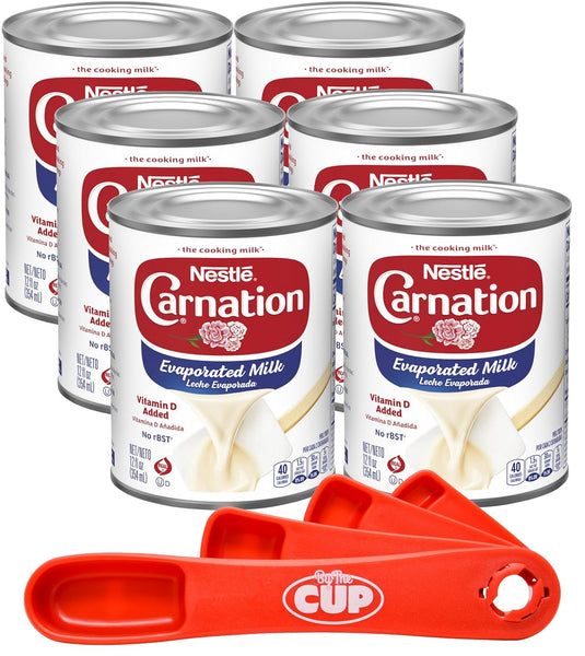 Nestle Carnation Evaporated Milk, 12 fl oz (Pack of 6) with By The Cup Swivel Spoons