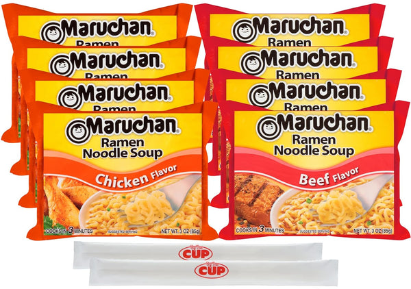 Ramen Noodle Soup Variety, 4 of each Chicken and Beef, 3 oz (Pack of 8) with BYTC Chopsticks