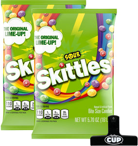 Sour Skittles Candy, 5.7 Ounce (Pack of 2) with By The Cup Bag Clip