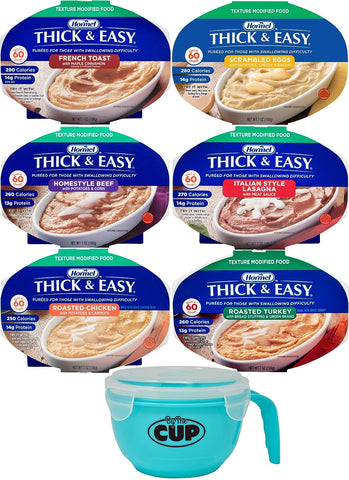 Hormel Thick & Easy Pureed Meals Variety, Scrambled Eggs, French Toast, Roasted Chicken, Beef, Lasagna, and Roasted Turkey with By The Cup Serving Bowl