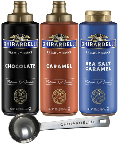 Ghirardelli - Sea Salt Caramel, Chocolate and Caramel Flavored Sauce 16 oz Bottles (Set of 3) with Ghirardelli Stamped Barista Spoon