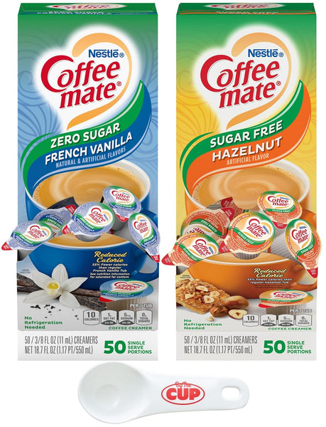 Nestle Coffee mate Liquid Coffee Creamer Singles Variety, Zero Sugar French Vanilla 50 Ct Box, Sugar Free Hazelnut 50 Ct Box with By The Cup Coffee Scoop