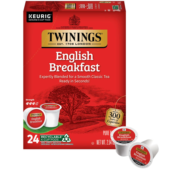 Twinings Tea English Breakfast K-Cups, 24 Count (Pack of 2) with Honey Sticks